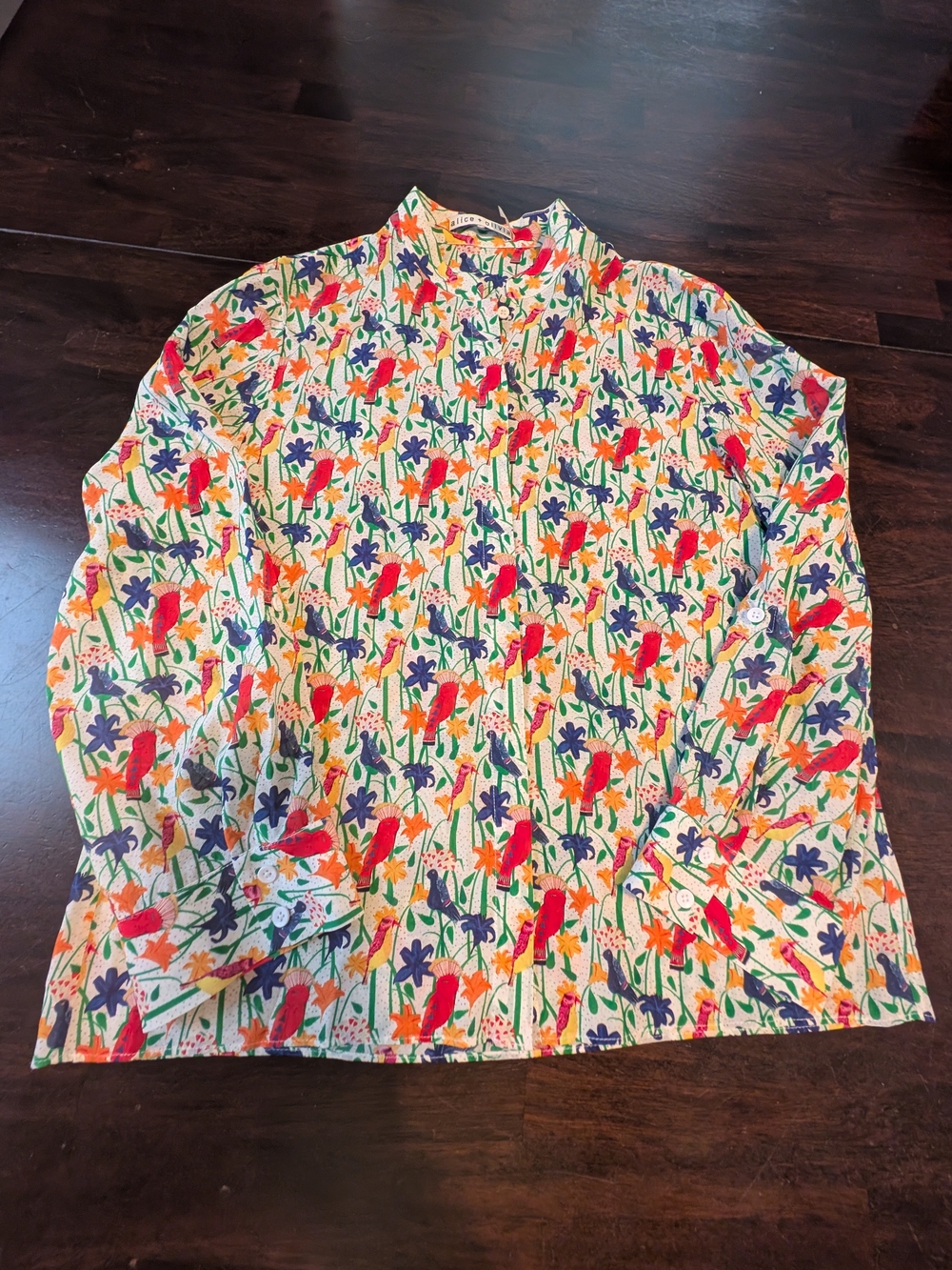 Alice + Olivia Multicolor Floral Bird Silk Blouse, Women's Small